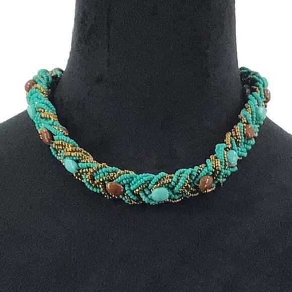 Beaded Necklace Braided Seed Beads Natural Stone Accent Boho Style Blue Brown - Picture 1 of 2